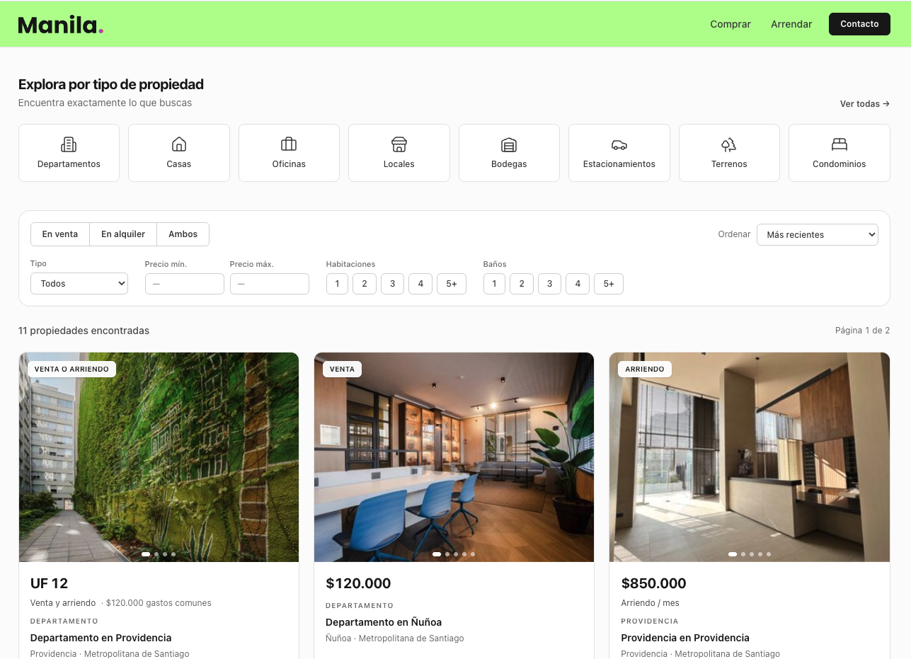 Captura del sitio web público de un administrador de propiedades: encabezado con marca propia, filtros por tipo de propiedad y grilla de departamentos con precio, comuna y carrusel de fotos